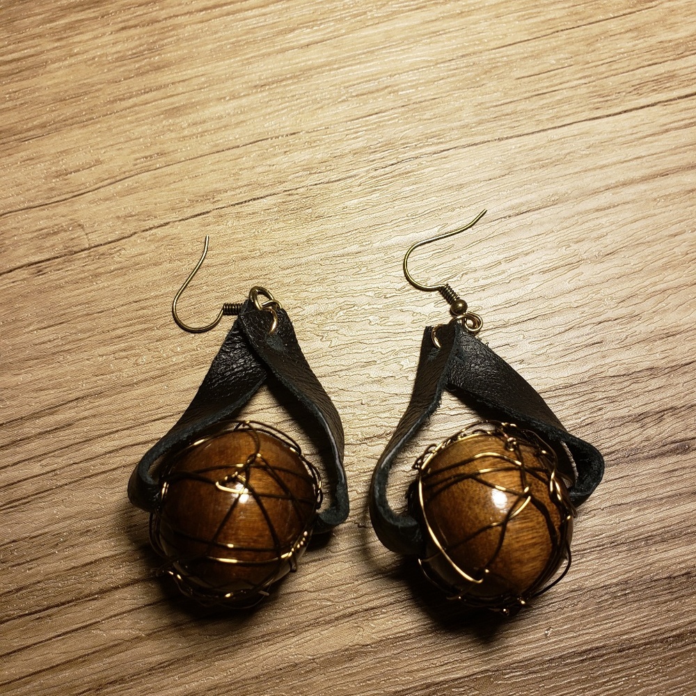 SOLD Leather and wood earrings